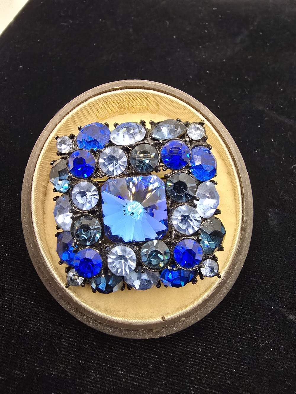 Square Blue Rivoli Tiered Rhinestone Brooch Jappaned Petite Bold Color